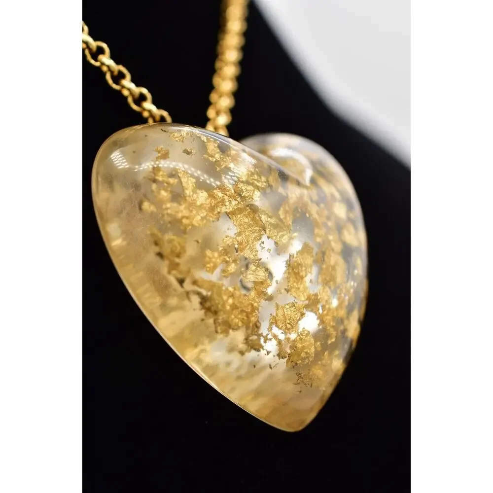 Vintage Heart Pendant Necklace Gold Foil Lucite Resin Designer Signed BinBJ